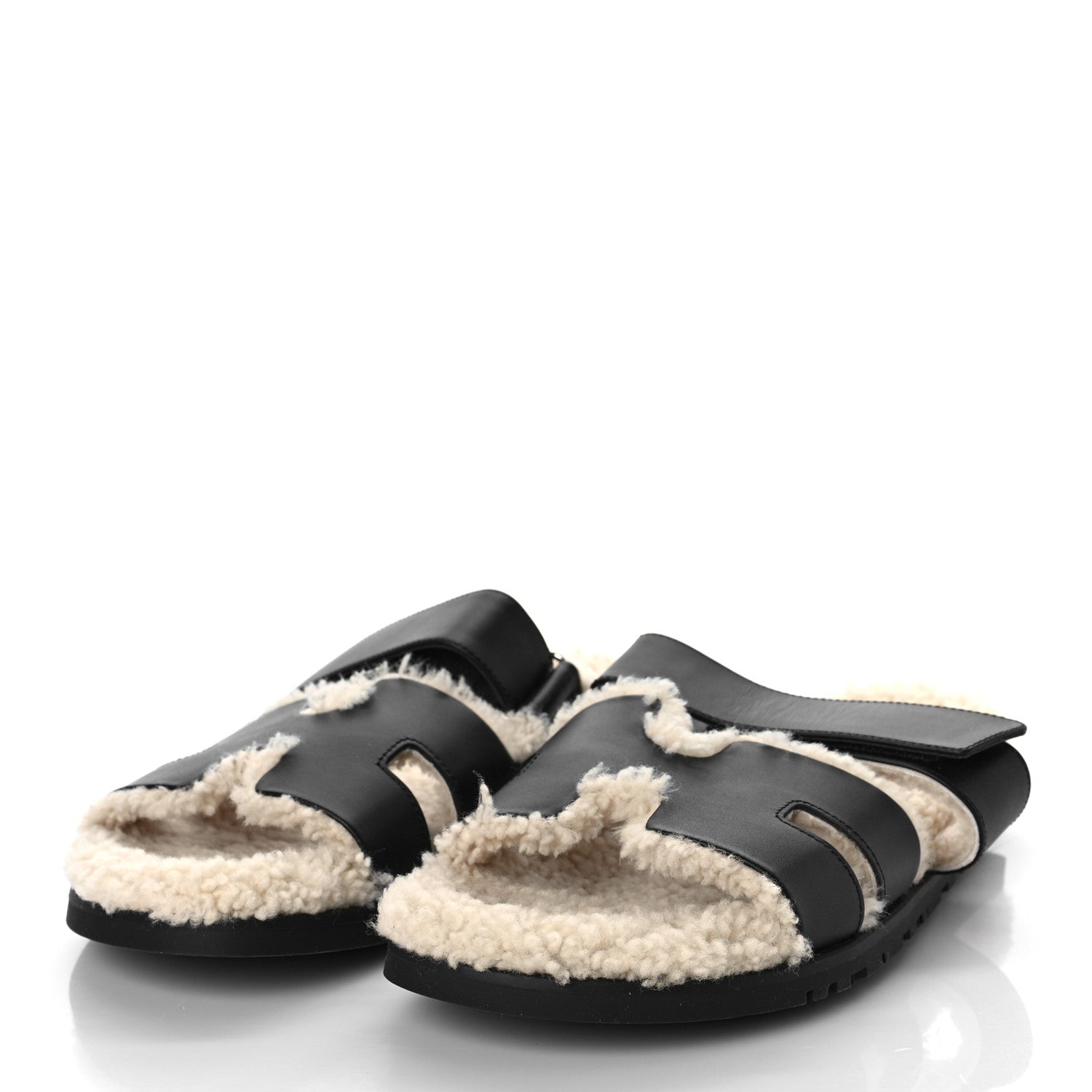 Hermes Calfskin Woolskin Mens Chypre Sandals 42 Black Ecru 4 of 9