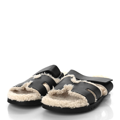 Hermes Calfskin Woolskin Mens Chypre Sandals 42 Black Ecru 4 of 9