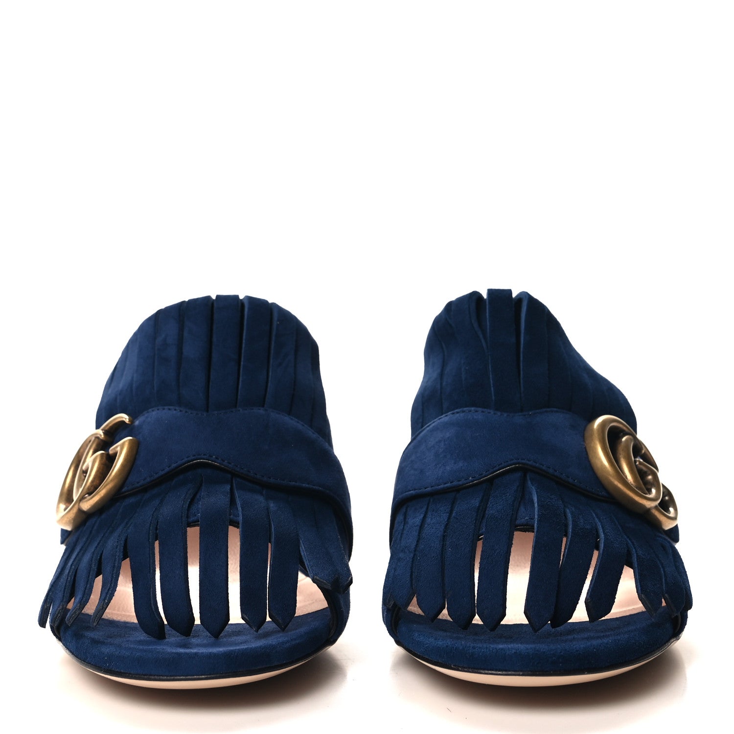 Gucci Kid Scamosciato GG Marmont Fringe 75mm Slide Sandals 38.5 Blue Ink 2 of 8