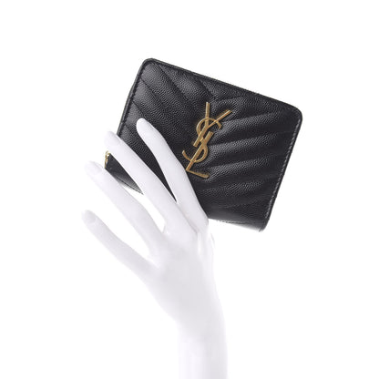 Saint Laurent Grain De Poudre Matelasse Chevron Monogram Compact Zip Around Wallet Black 2 of 7