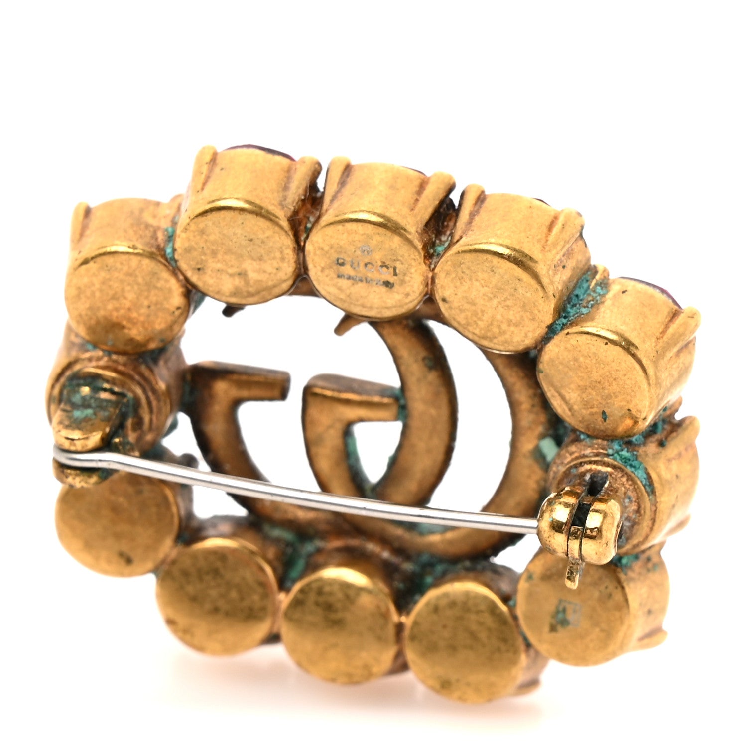 Gucci Metal Crystal Double G Brooch Aged Gold Red 1839000