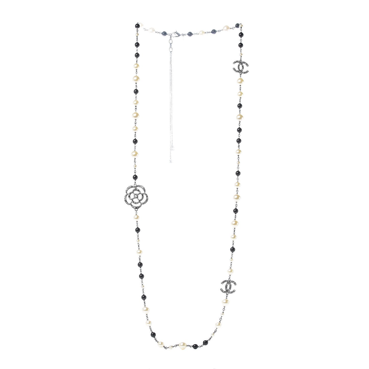 Pearl Crystal Camellia CC Long Necklace Silver