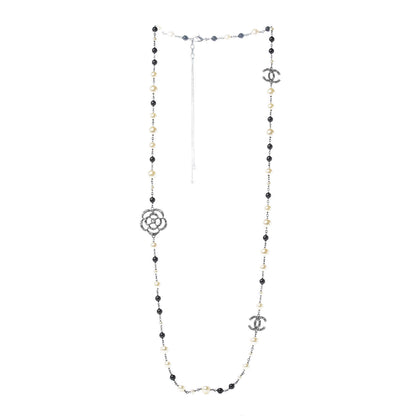 Chanel Pearl Crystal Camellia CC Long Necklace Silver 3 of 5