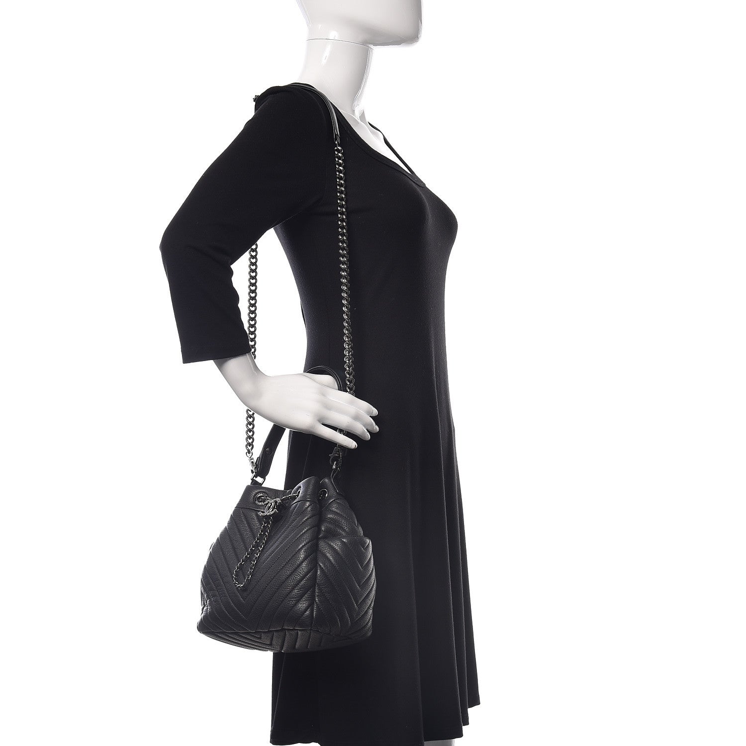 Chanel Deerskin Chevron Small CC Chain Bucket Drawstring Bag Black 2 of 9