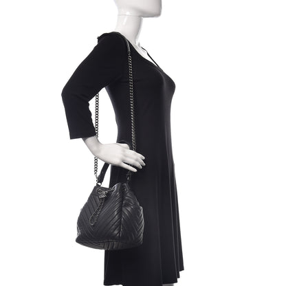 Chanel Deerskin Chevron Small CC Chain Bucket Drawstring Bag Black 2 of 9
