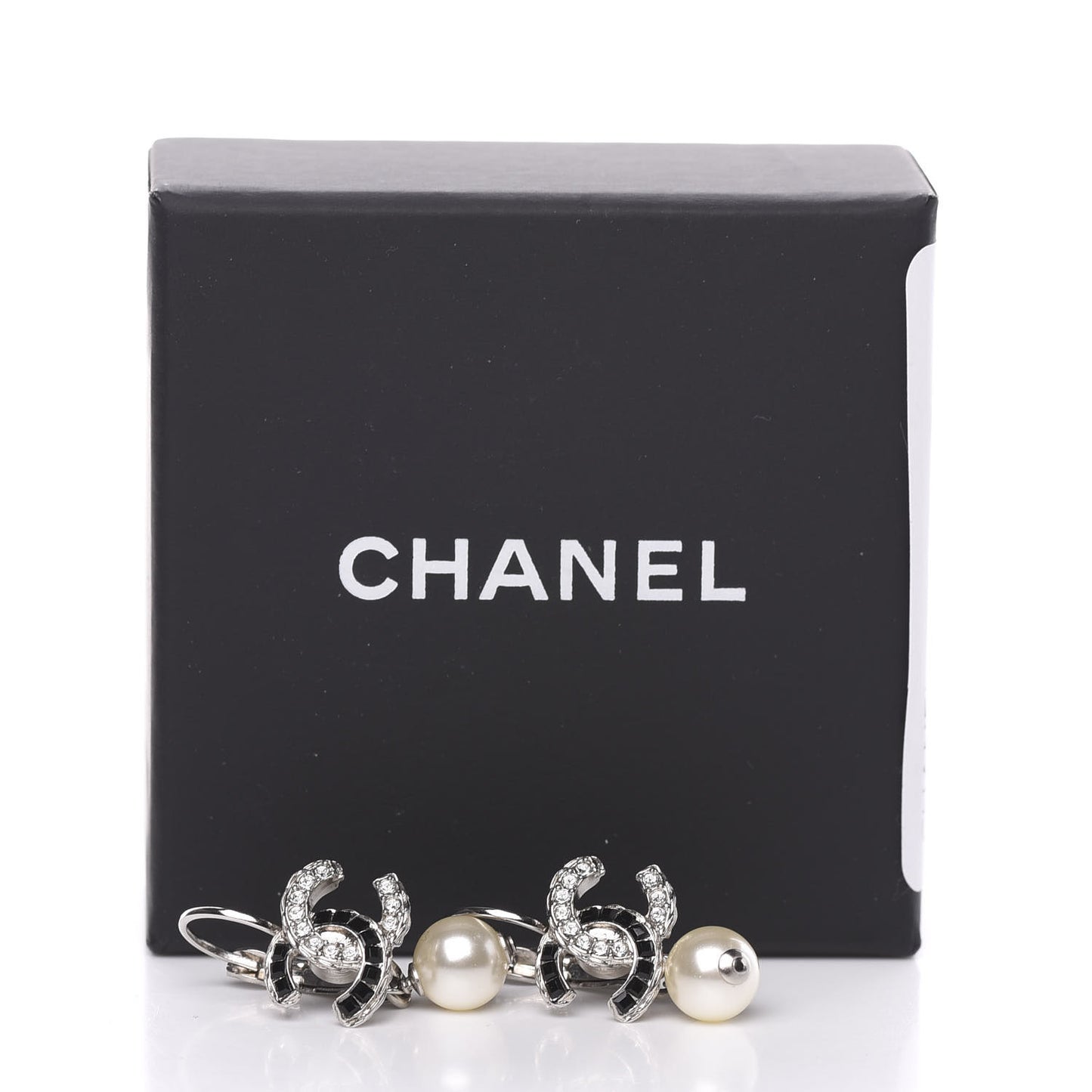 Baguette Crystal Pearl CC Drop Earrings Silver Black