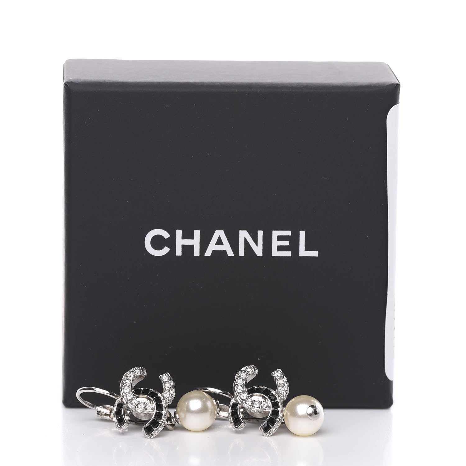 Chanel Baguette Crystal Pearl CC Drop Earrings Silver Black 5 of 5