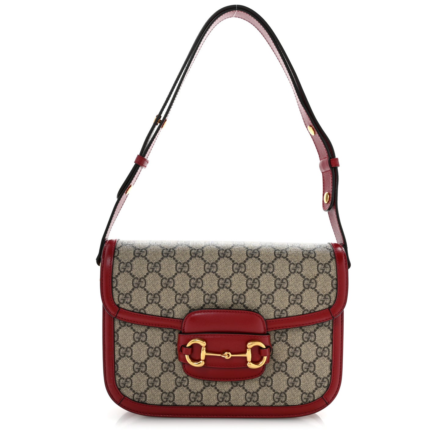 GG Supreme Monogram Azalea Calfskin Horsebit 1955 Shoulder Bag Beige Ebony New Cherry Red