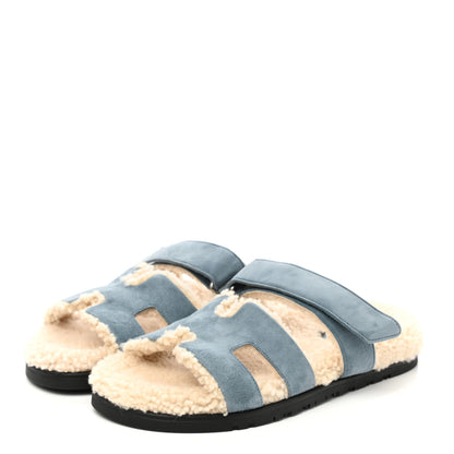 Hermes Suede Goatskin Woolskin Womens Chypre Sandals 38 Bleu Pinede Ecru 3 of 8