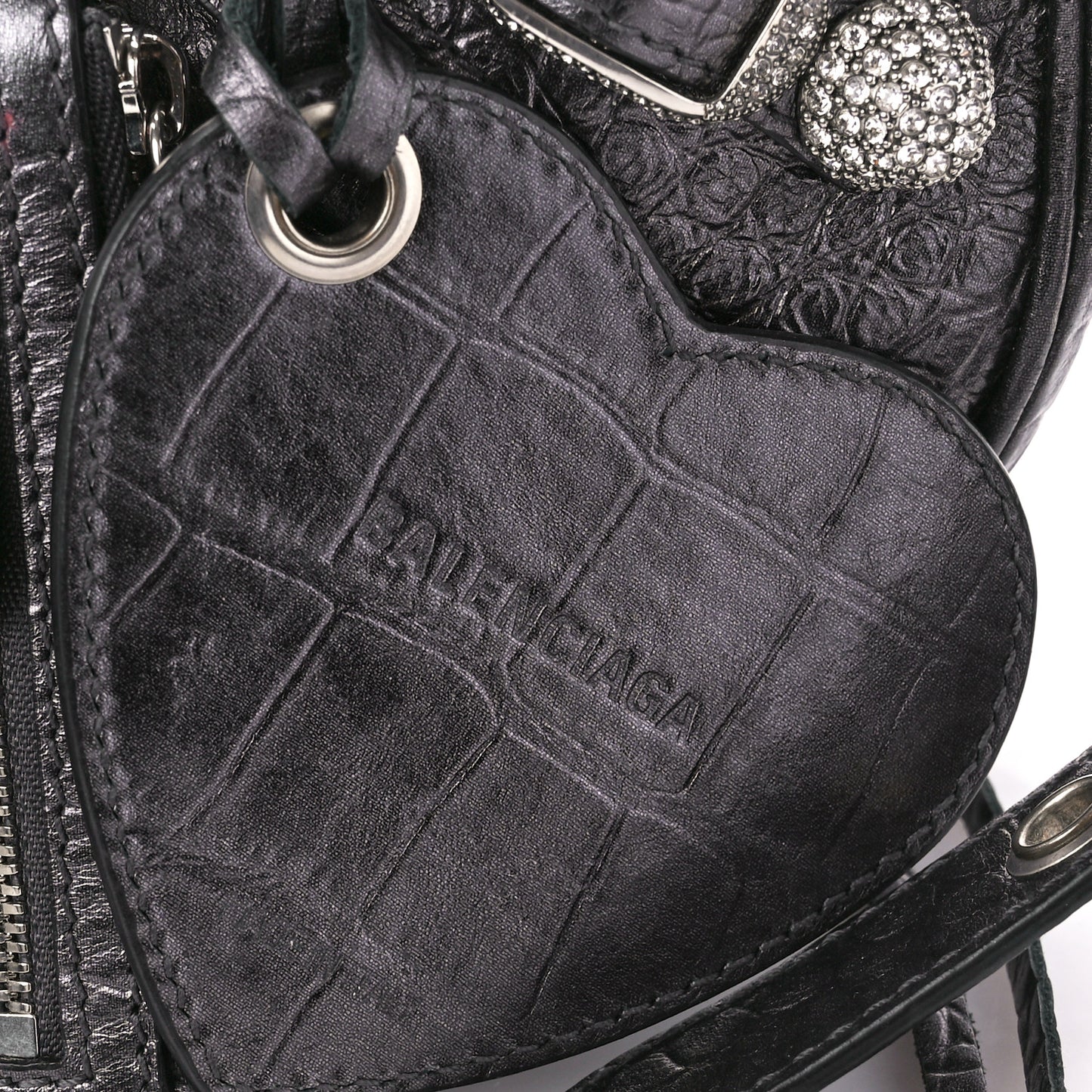 Metallic Calfskin Crocodile Embossed Crystal Small Le Cagole Shoulder Bag Gunmetal