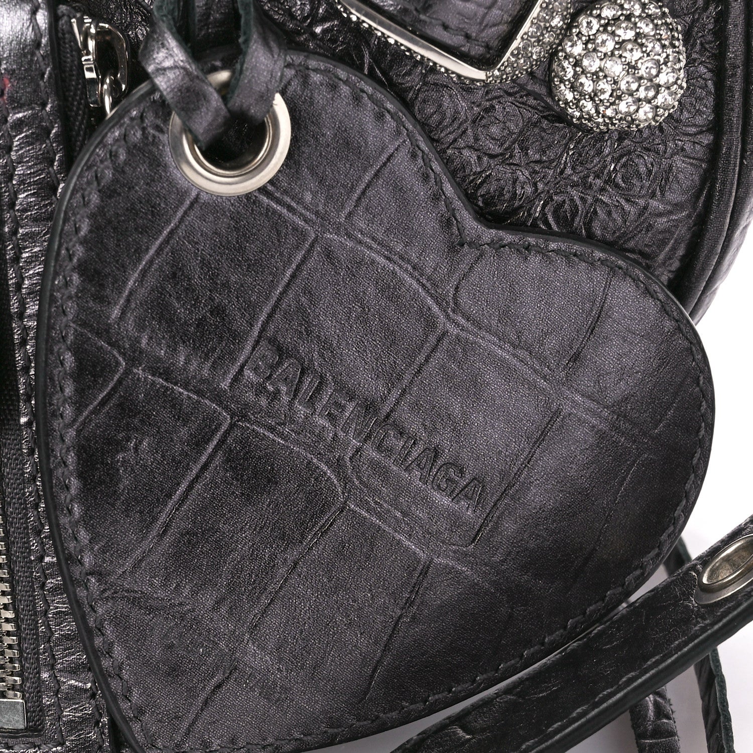 Balenciaga Metallic Calfskin Crocodile Embossed Crystal Small Le Cagole Shoulder Bag Gunmetal 8 of 14