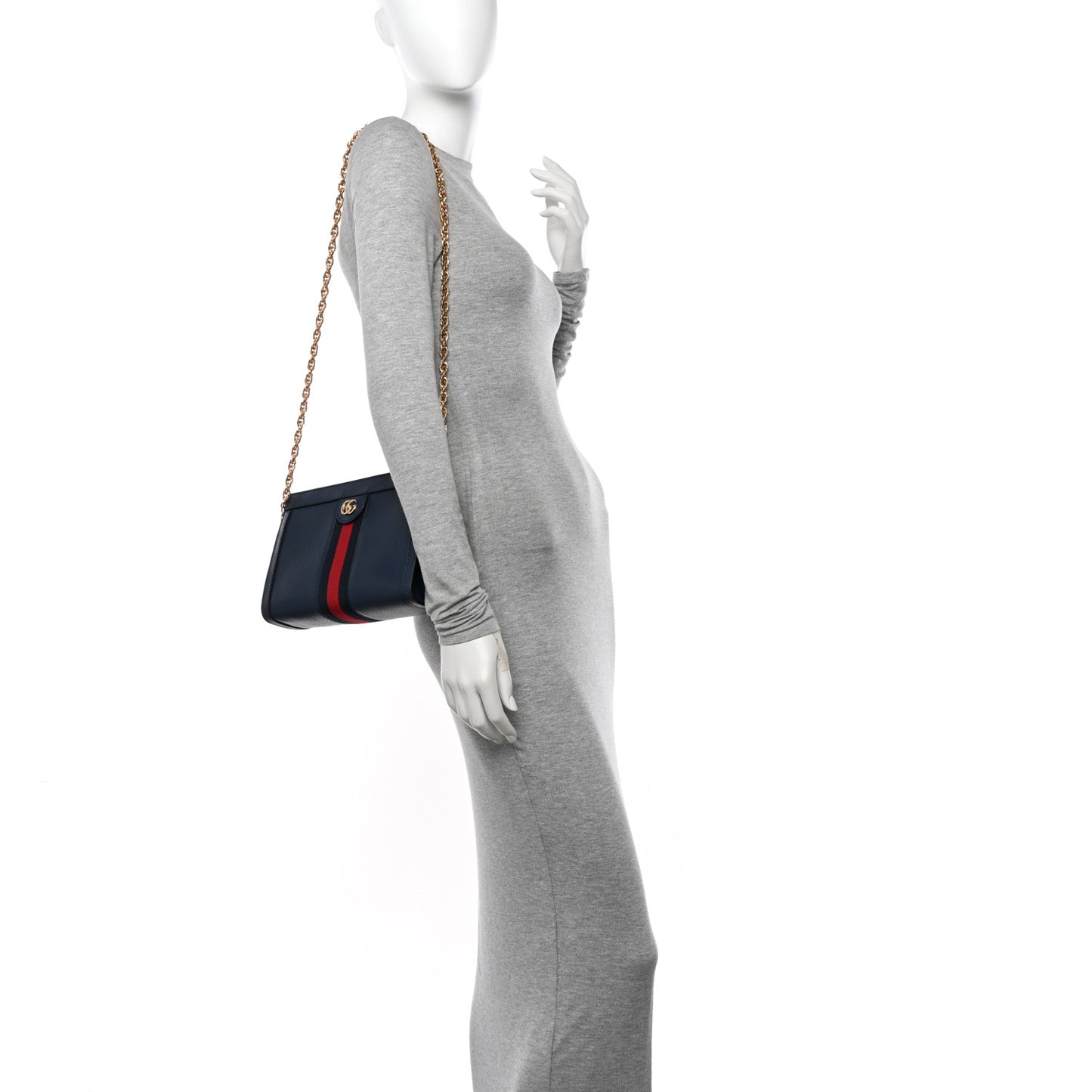 Textured Calfskin Web Small Ophidia Chain Shoulder Bag Blue Agata