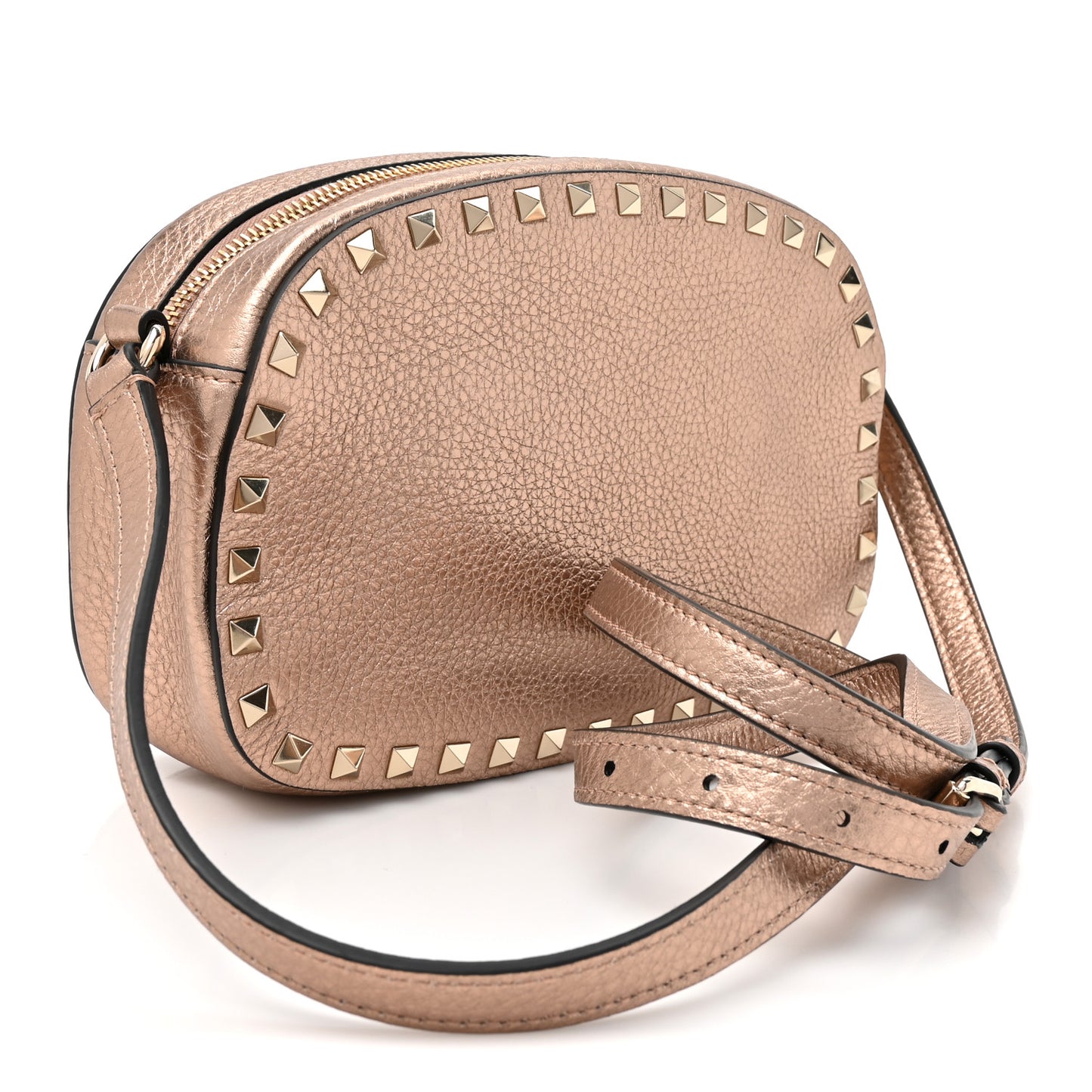 Metallic Pebbled Calfskin Rockstud Camera Crossbody Bag Rame