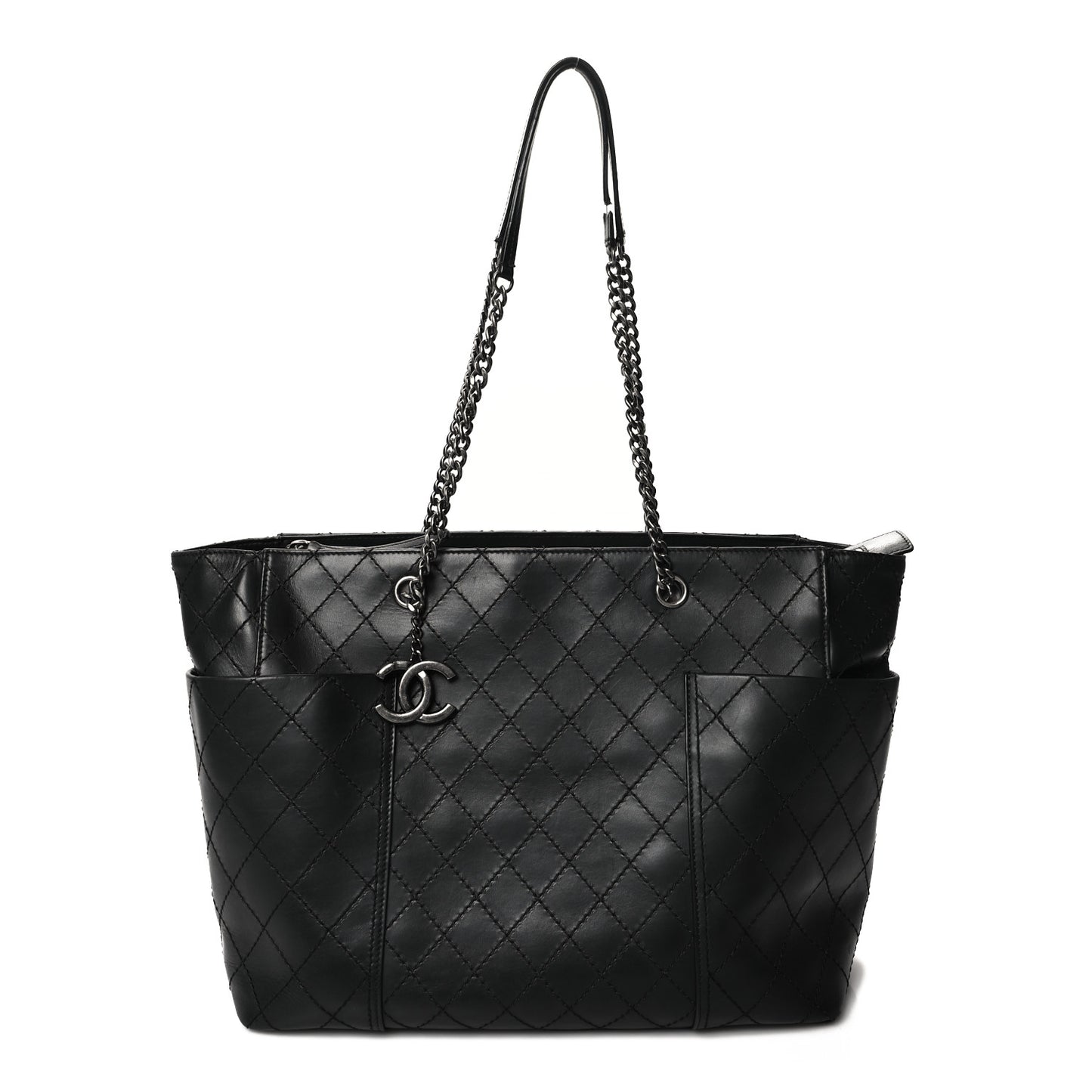 Lambskin Stitched Shopping Tote Black