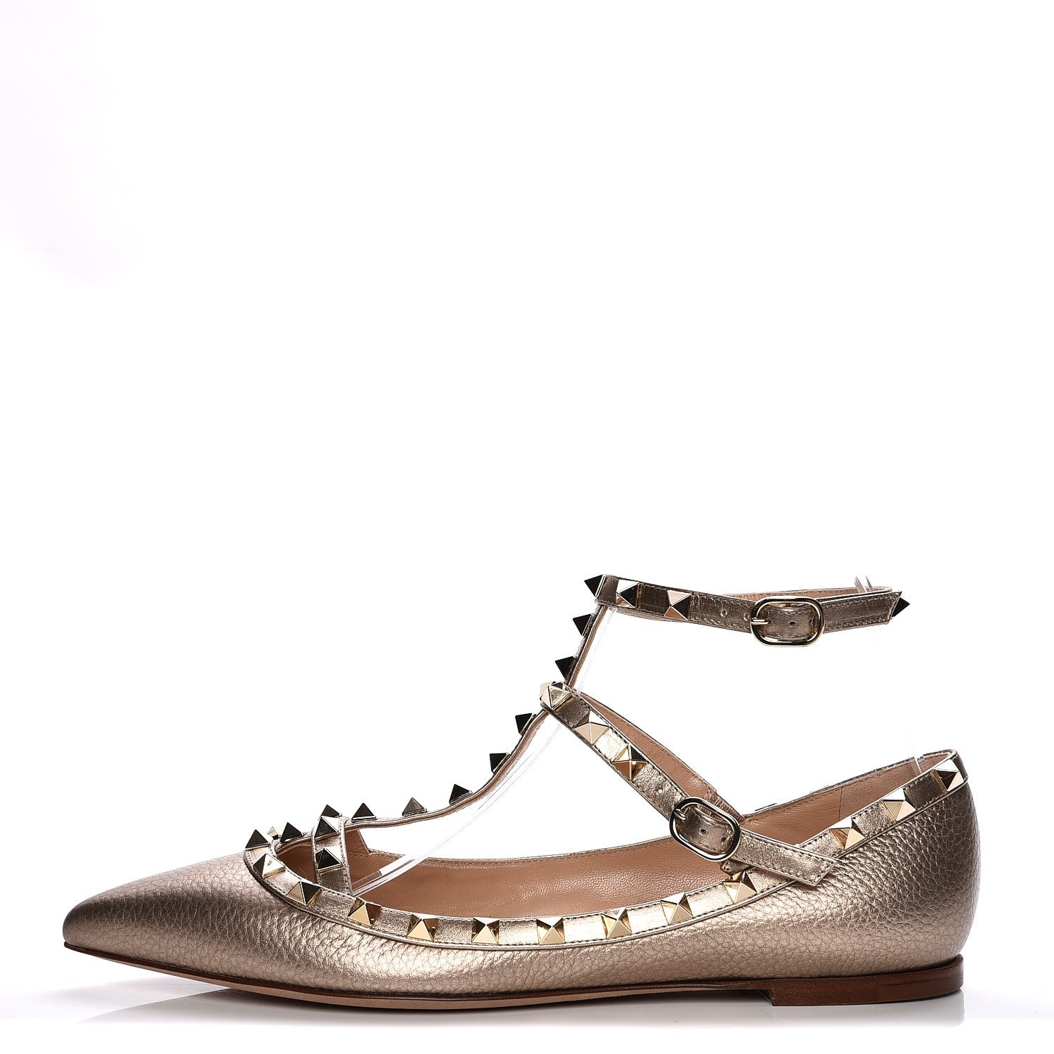 Valentino Garavani Metallic Pebbled Calfskin Rockstud Cage Ballerina Flats 38 Sasso 1 of 9