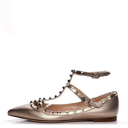 Valentino Garavani Metallic Pebbled Calfskin Rockstud Cage Ballerina Flats 38 Sasso 1 of 9