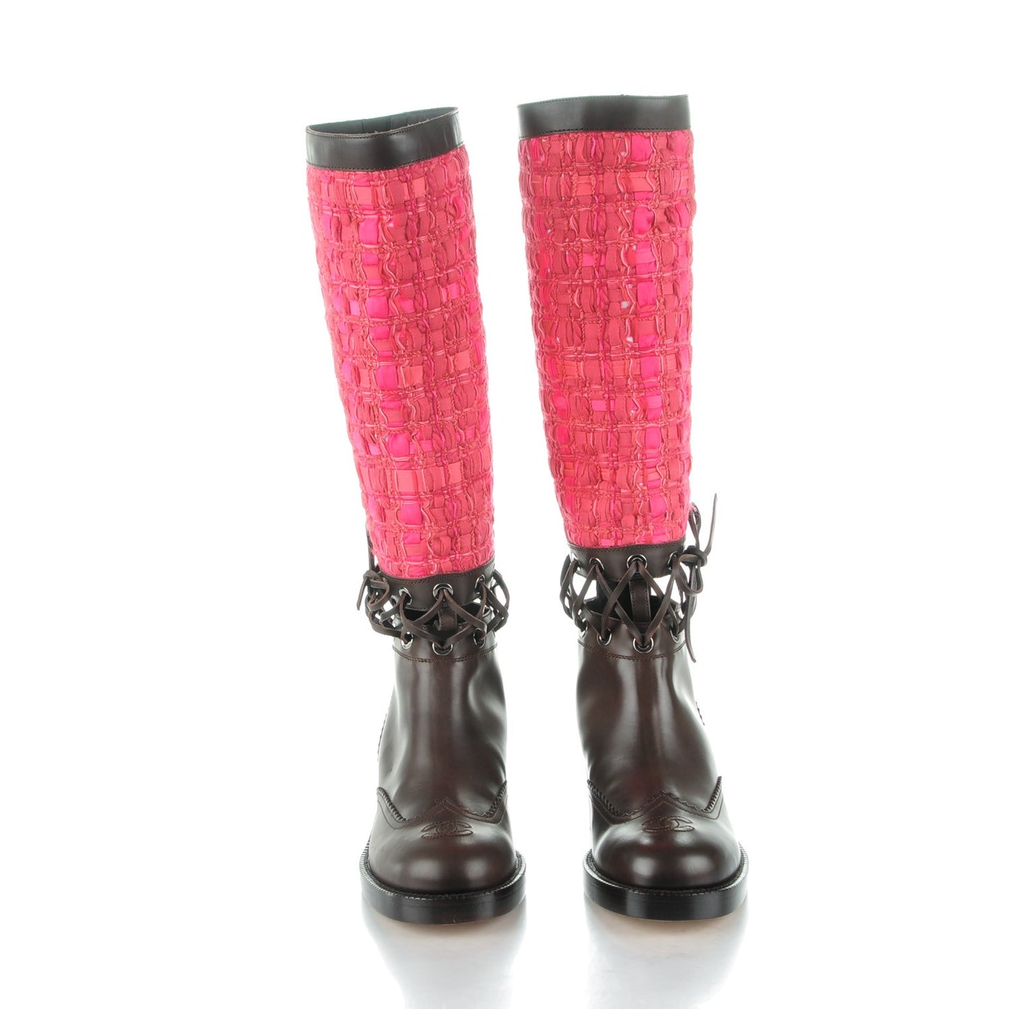 Tweed Calfskin Lace Up Knee High Boots 37.5 Fuchsia Brown
