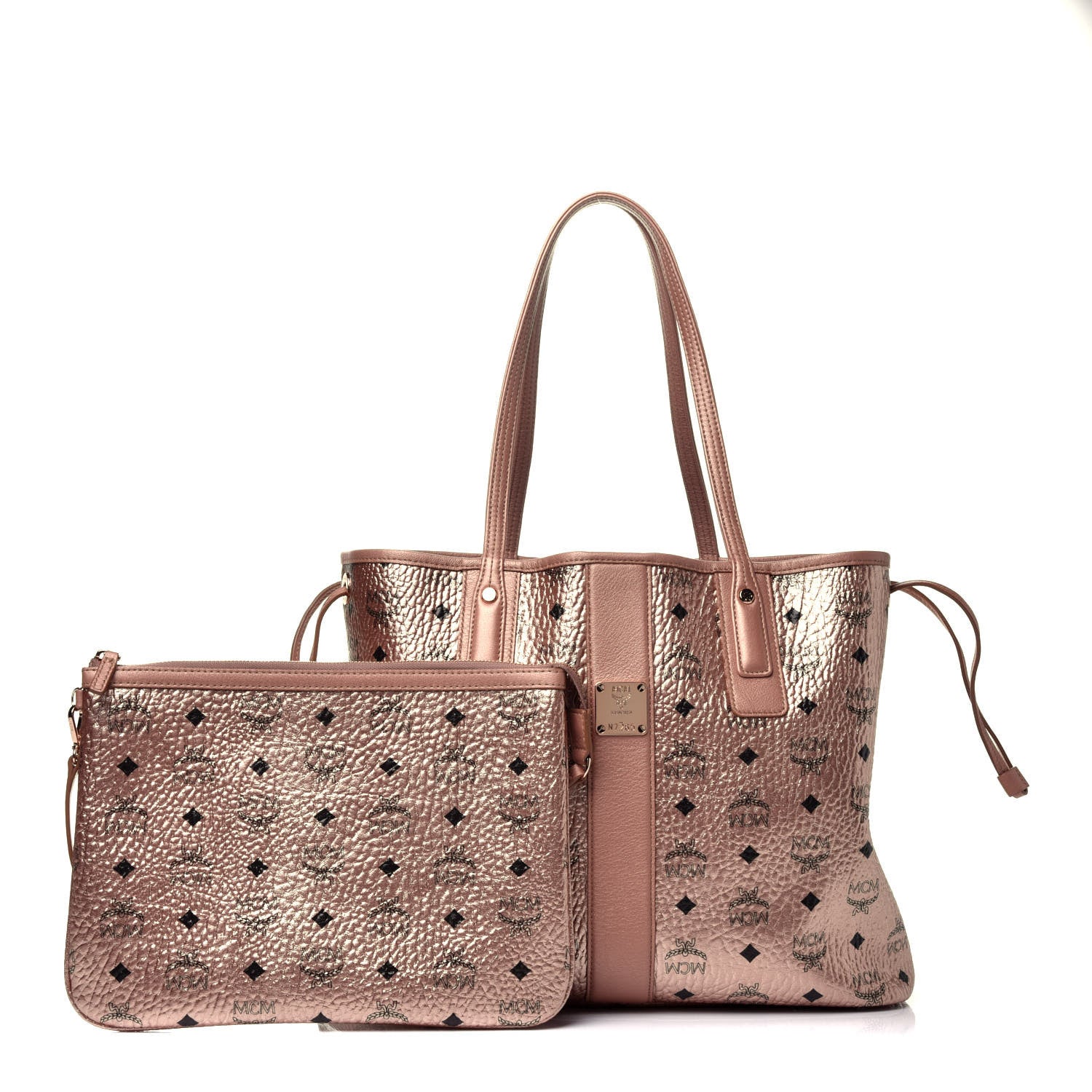 MCM Metallic Visetos Medium Liz Reversible Shopper Tote Champagne Gold 1 of 16