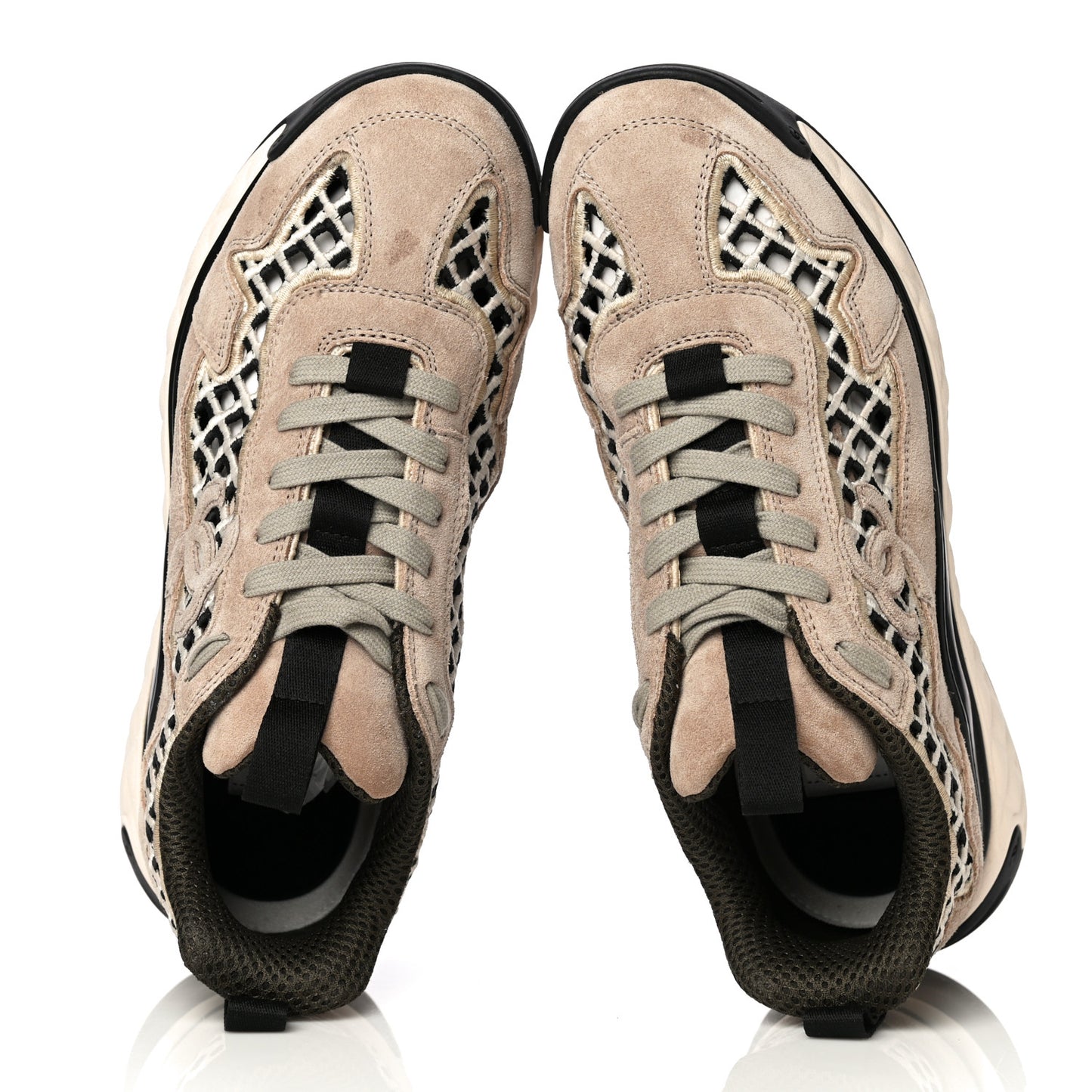 Suede Calfskin Embroidered CC Sneakers 37.5 Beige Black