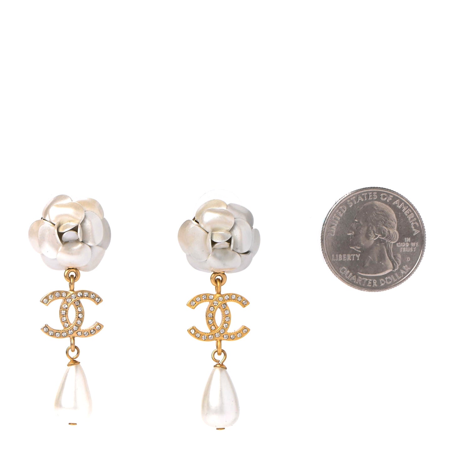 Metal Crystal Pearl 90s Camellia CC Drop Earrings Gold