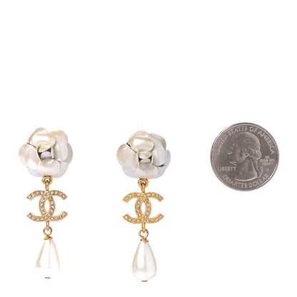 Chanel Metal Crystal Pearl 90s Camellia CC Drop Earrings Gold 2 of 4