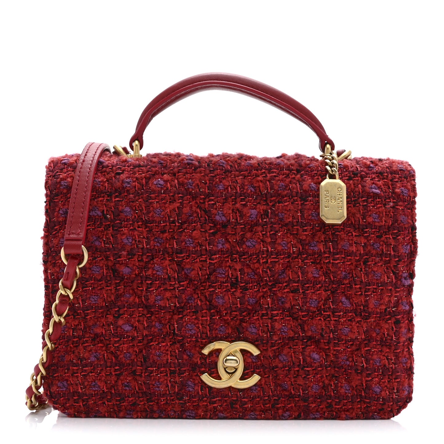 Tweed Lambskin Quilted Top Handle Flap  Red Multicolor