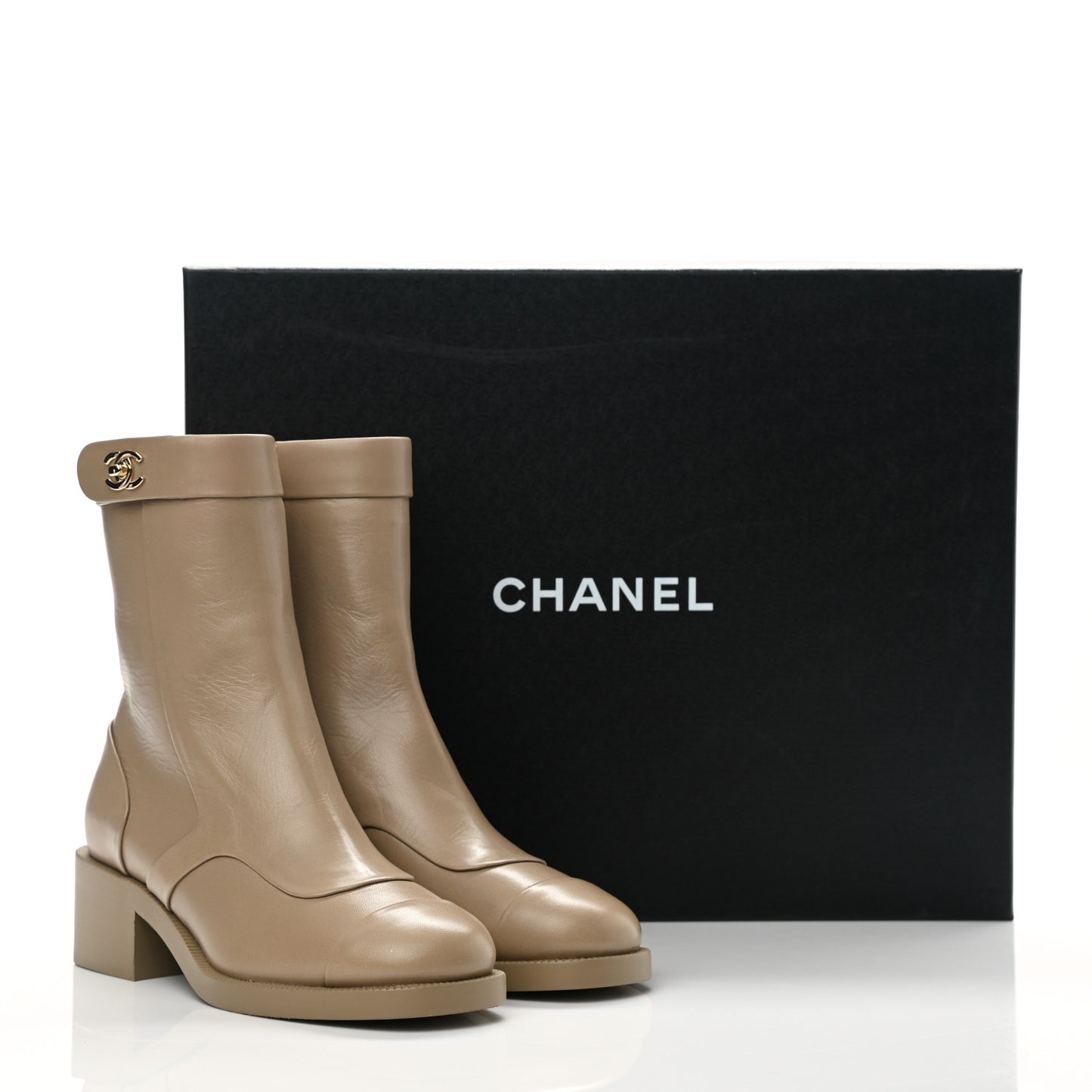 Shiny Goatskin Cap Toe Short Boots 35 Beige
