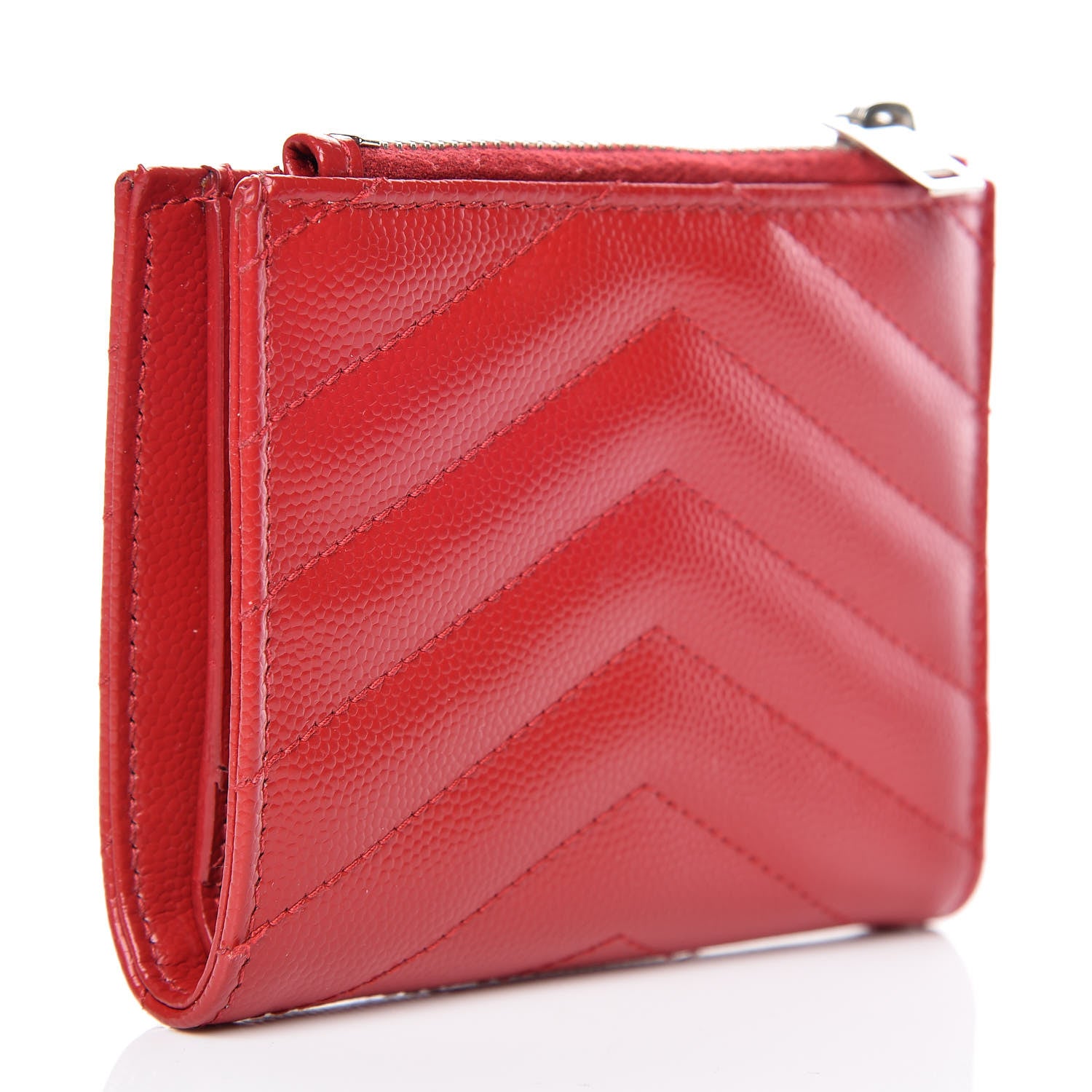 Saint Laurent Grain De Poudre Matelasse Chevron Monogram Zipped Card Case Rouge 3 of 10