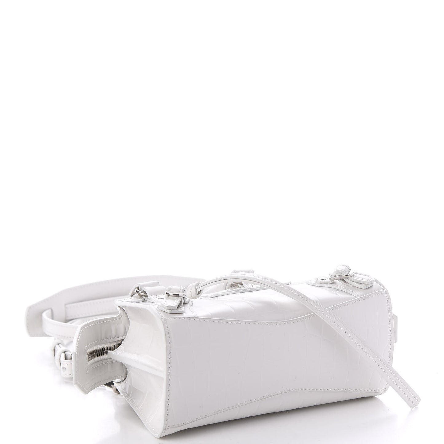 Semi Shiny Calfskin Crocodile Embossed Neo Classic Silver Hardware Nano City Crossbody White