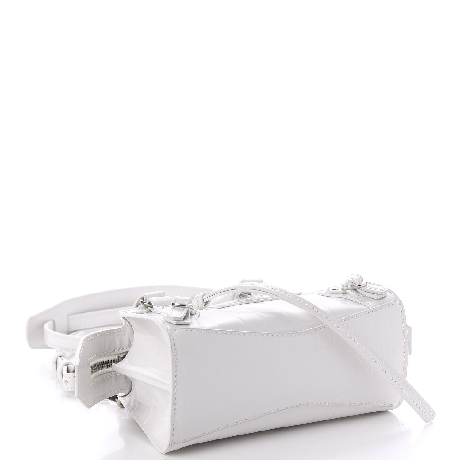 Balenciaga Semi Shiny Calfskin Crocodile Embossed Neo Classic Silver Hardware Nano City Crossbody White 4 of 9