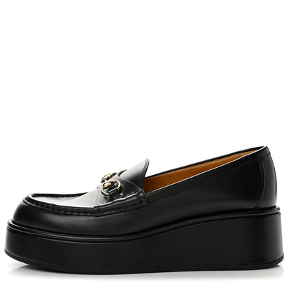 Gucci Kama Calfskin Horsebit Womens Wedge Platform Loafers 37 Black 1 of 10