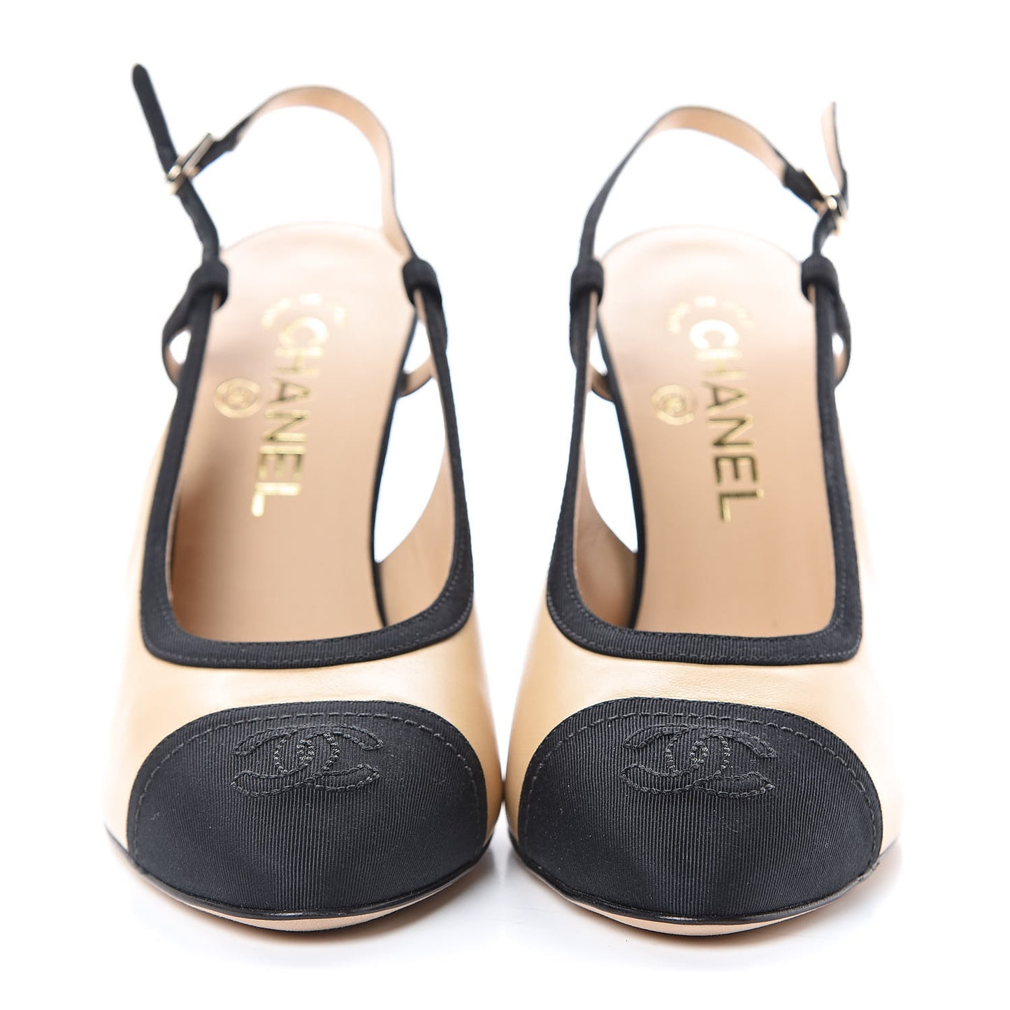 Lambskin Grosgrain Cap Toe CC Slingback Pumps 37 Beige Black
