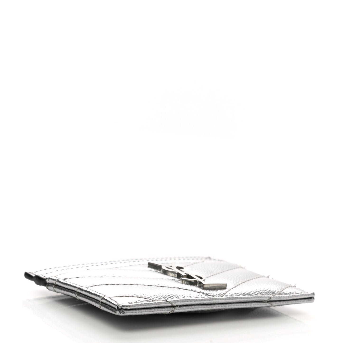 Metallic Grain De Poudre Matelasse Chevron Monogram Credit Card Case Argento
