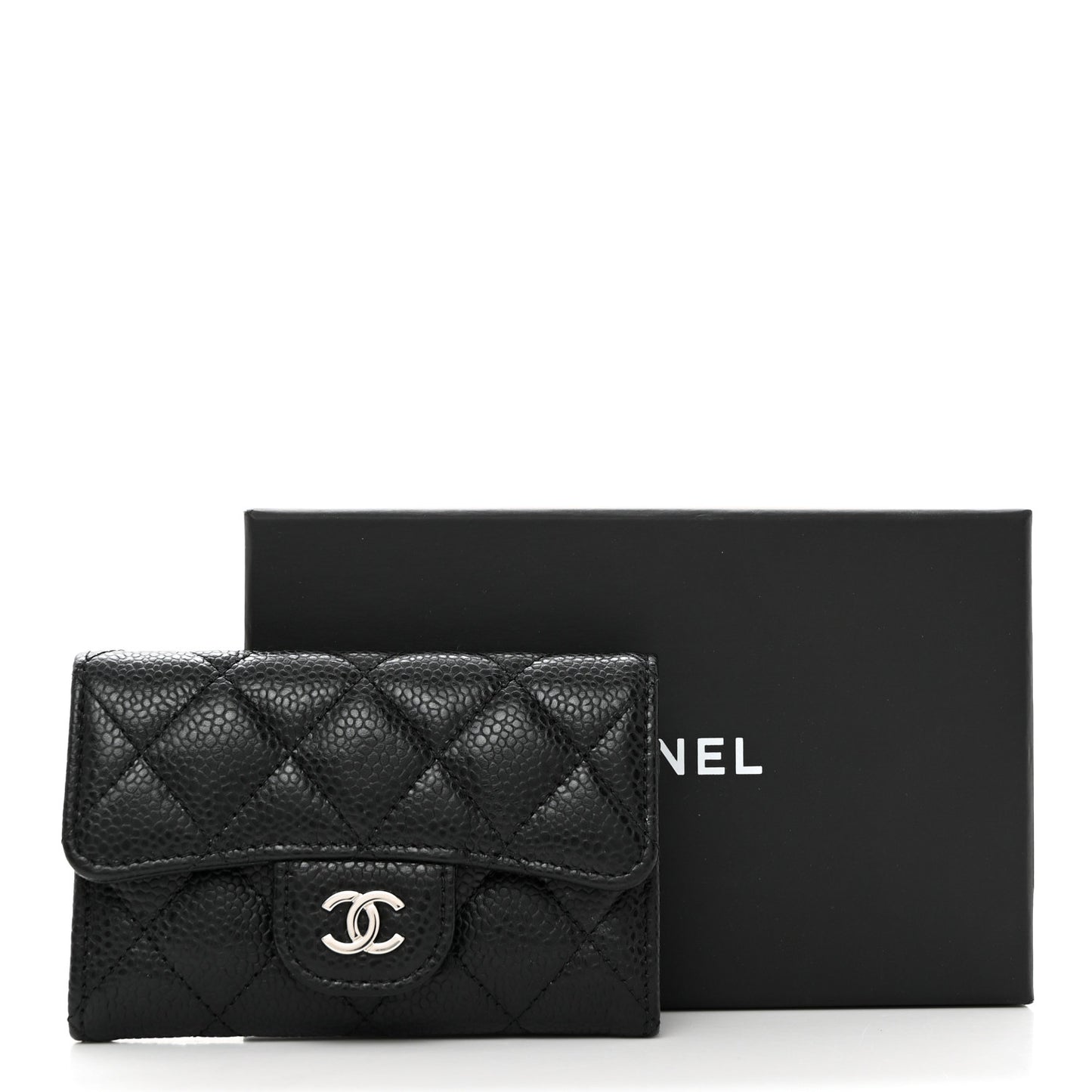 Caviar Quilted Flap Card Holder Wallet Black