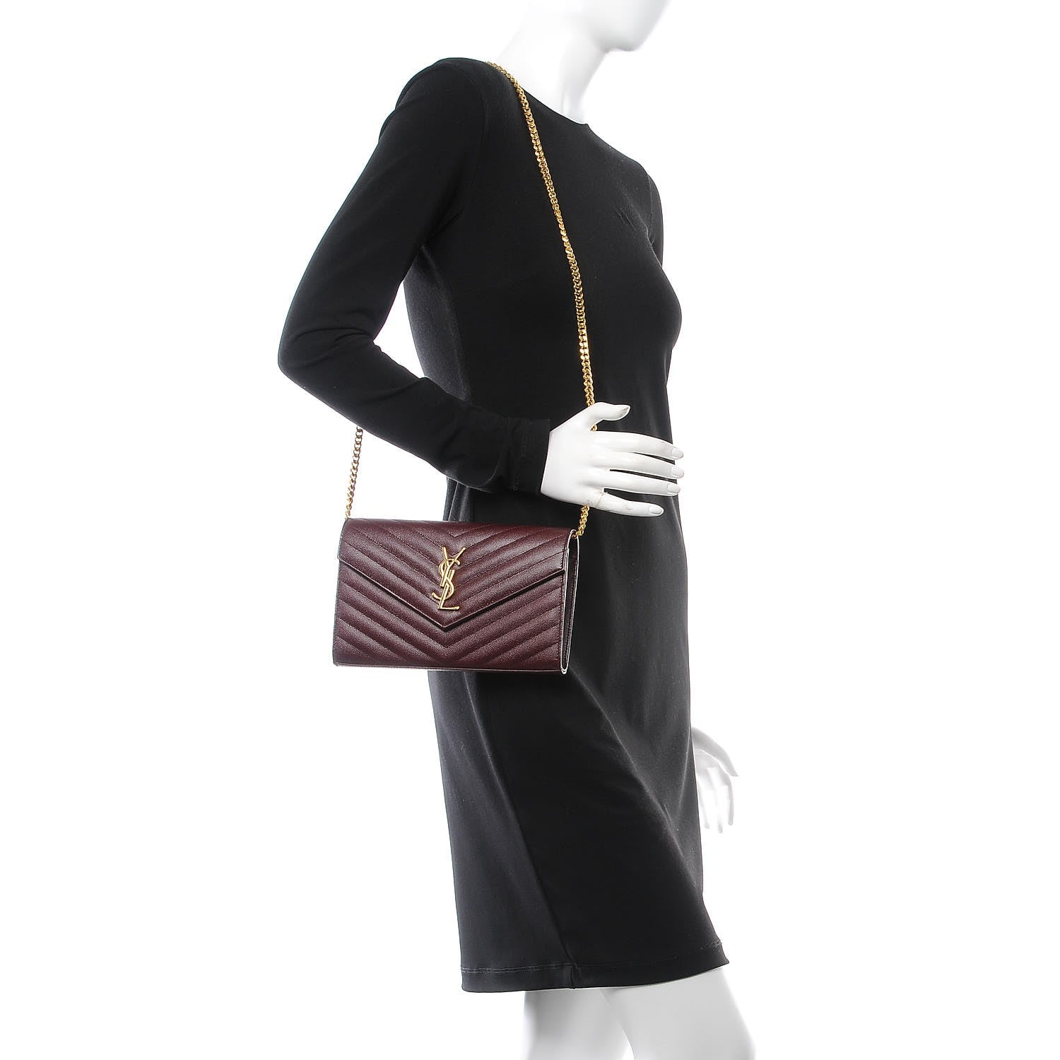 Saint Laurent Grain De Poudre Matelasse Chevron Monogram Chain Wallet Rouge Legion 2 of 6