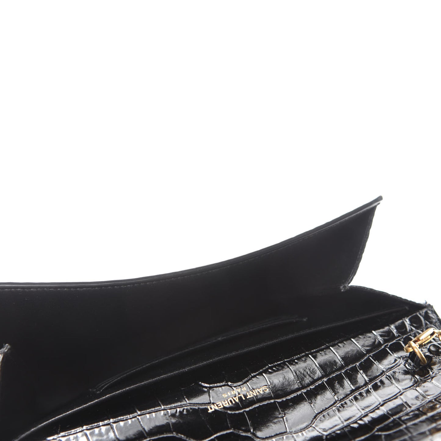 Calfskin Crocodile Embossed Monogram Cassandra Chain Wallet Black