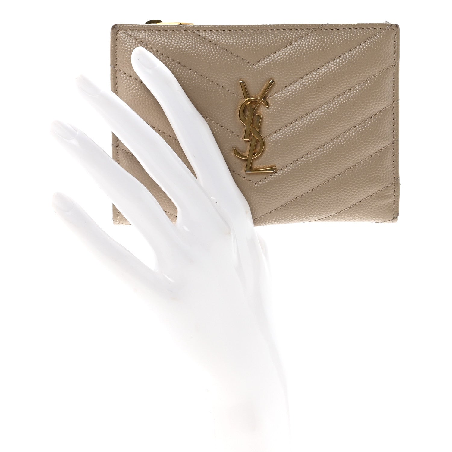 Saint Laurent Grain De Poudre Matelasse Chevron Cassandre Fragments Zipperred Bi-Fold Wallet Dark Beige 2 of 7
