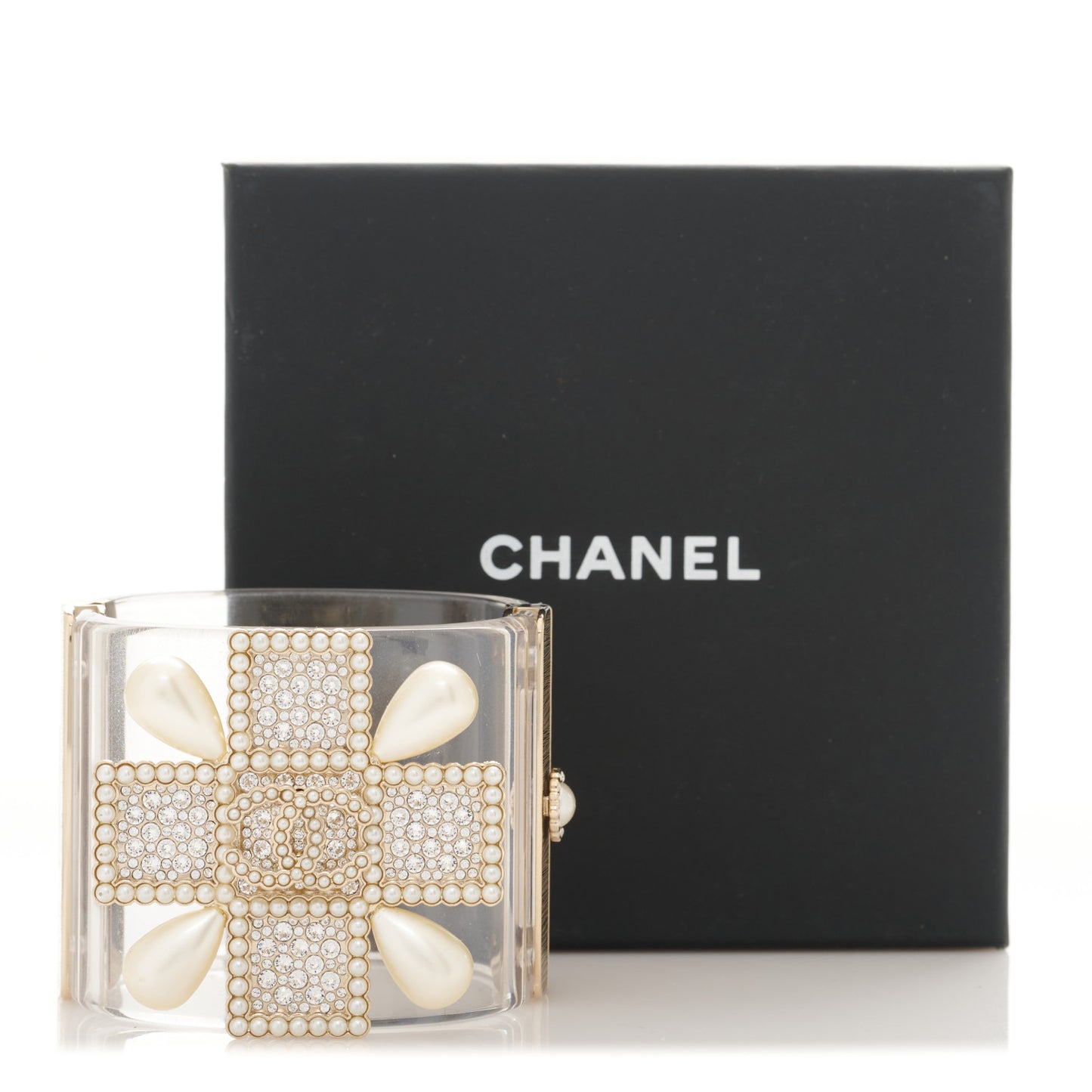 Resin Pearl Crystal Gripoix CC Cuff Transparent Gold