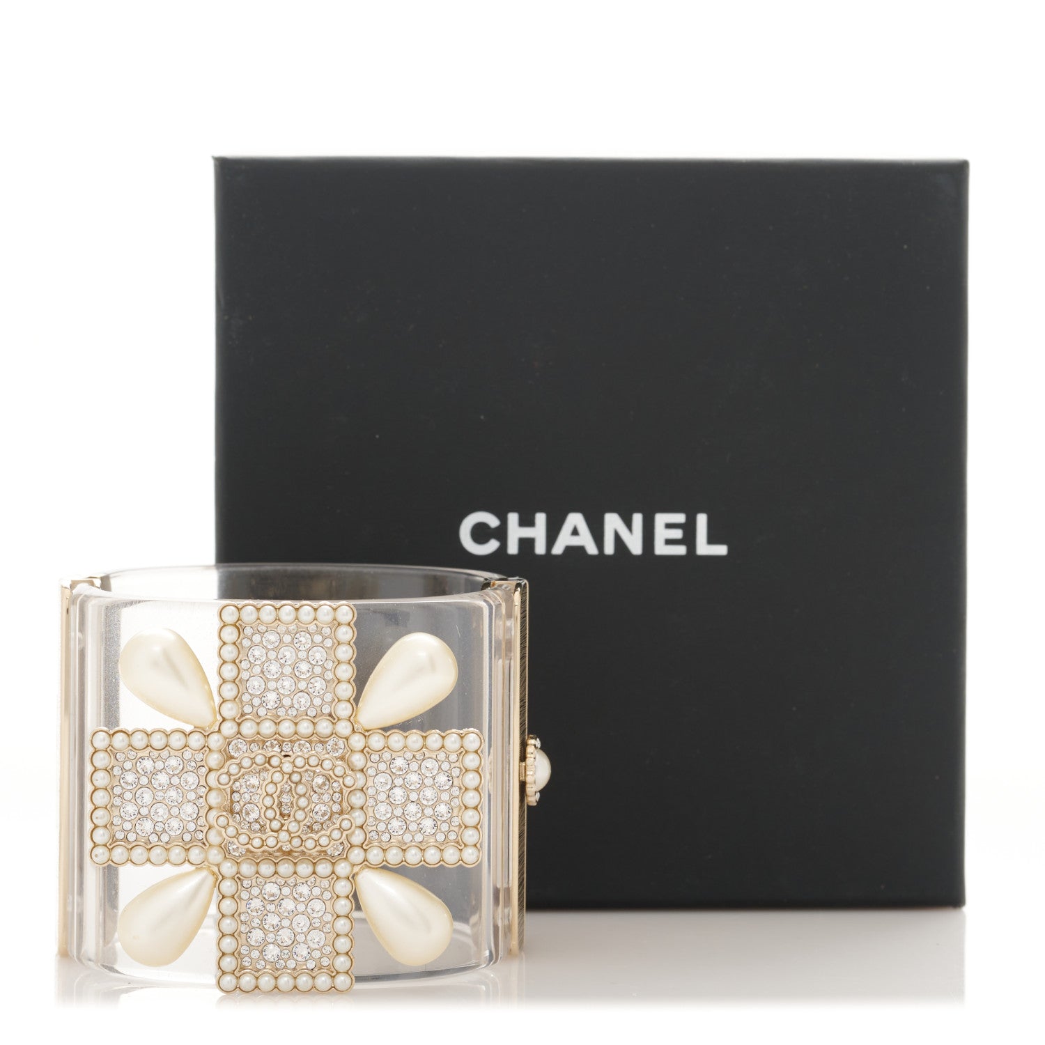 Chanel Resin Pearl Crystal Gripoix CC Cuff Transparent Gold 5 of 5
