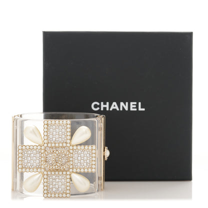 Chanel Resin Pearl Crystal Gripoix CC Cuff Transparent Gold 5 of 5