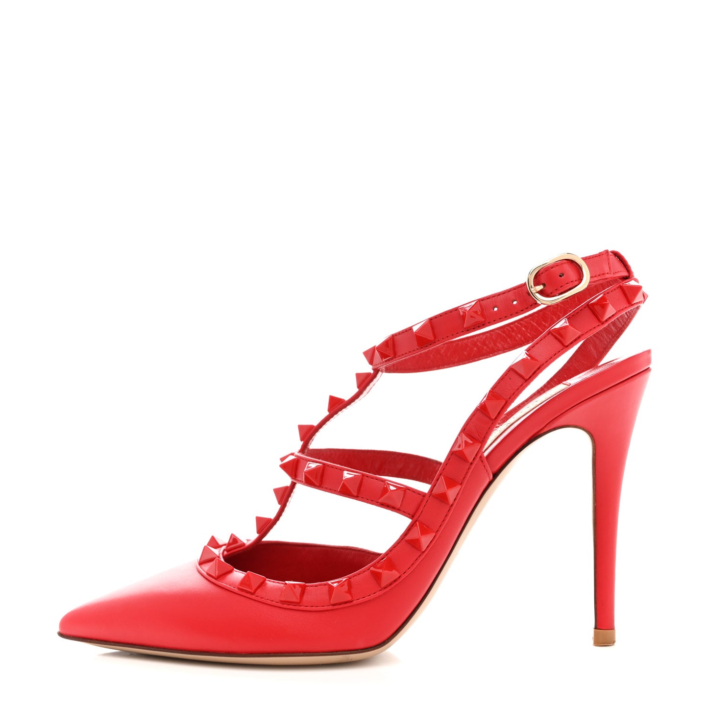 Calfskin Lacquered Monochrome Rockstud Ankle Strap 100mm Pumps 36.5 Rosso Valentino