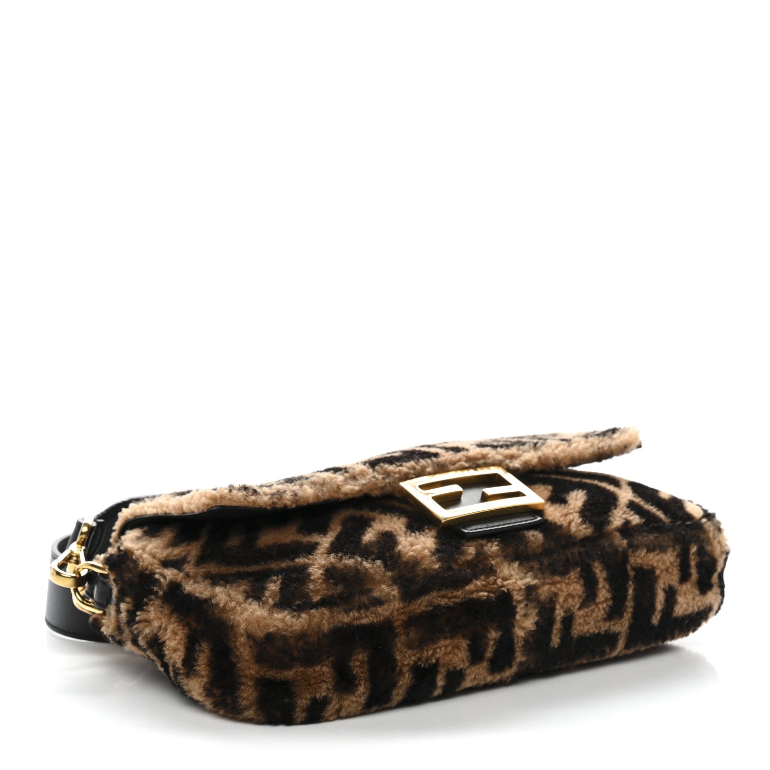 Fendi Shearling Vitello Dolce Macro FF 1974 Baguette Tobacco Black
