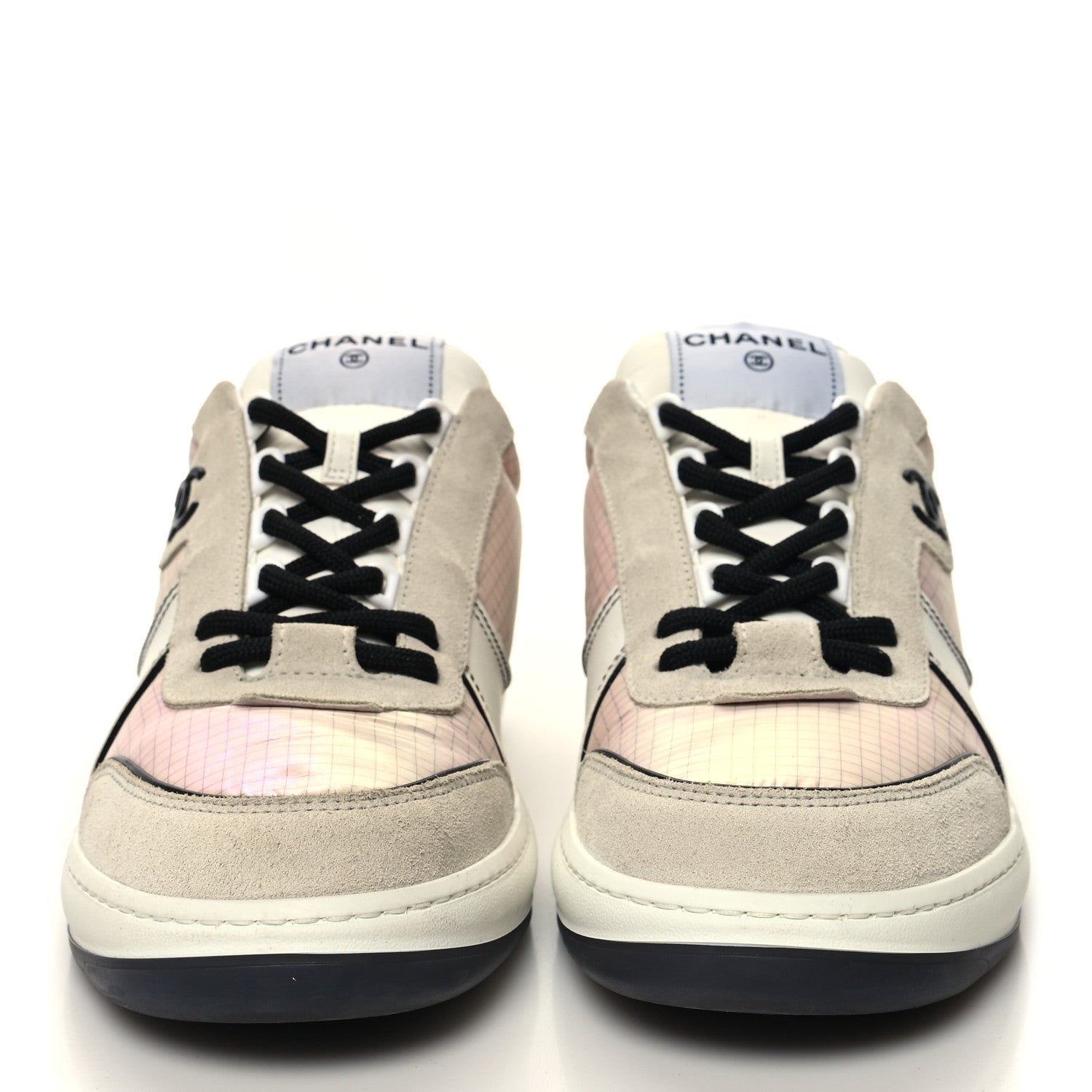 Chanel Suede Fabric Calfskin Womens CC Sneakers 40 Pink Grey White 2 of 8