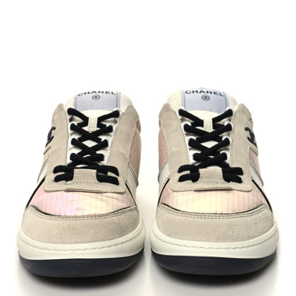Chanel Suede Fabric Calfskin Womens CC Sneakers 40 Pink Grey White 2 of 8