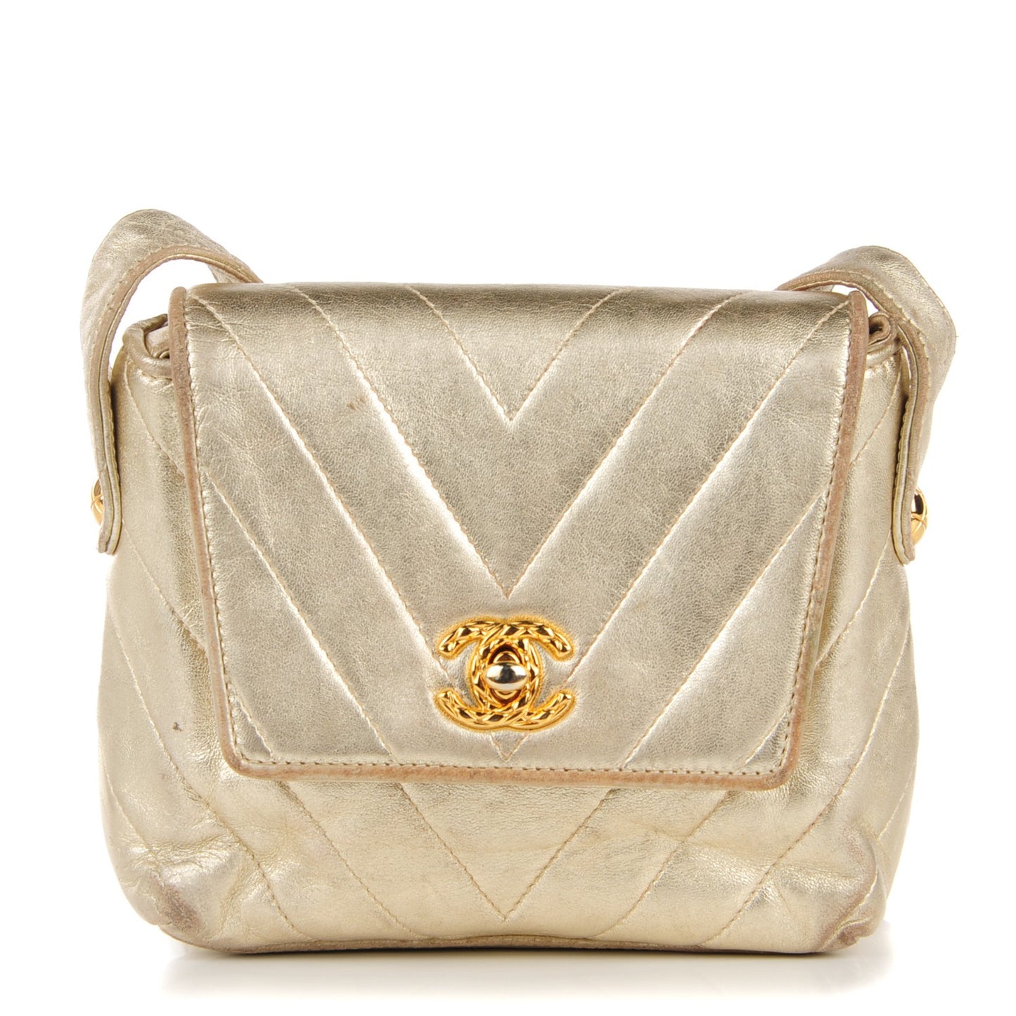 Metallic Lambskin Chevron Quilted Mini Square Flap Gold