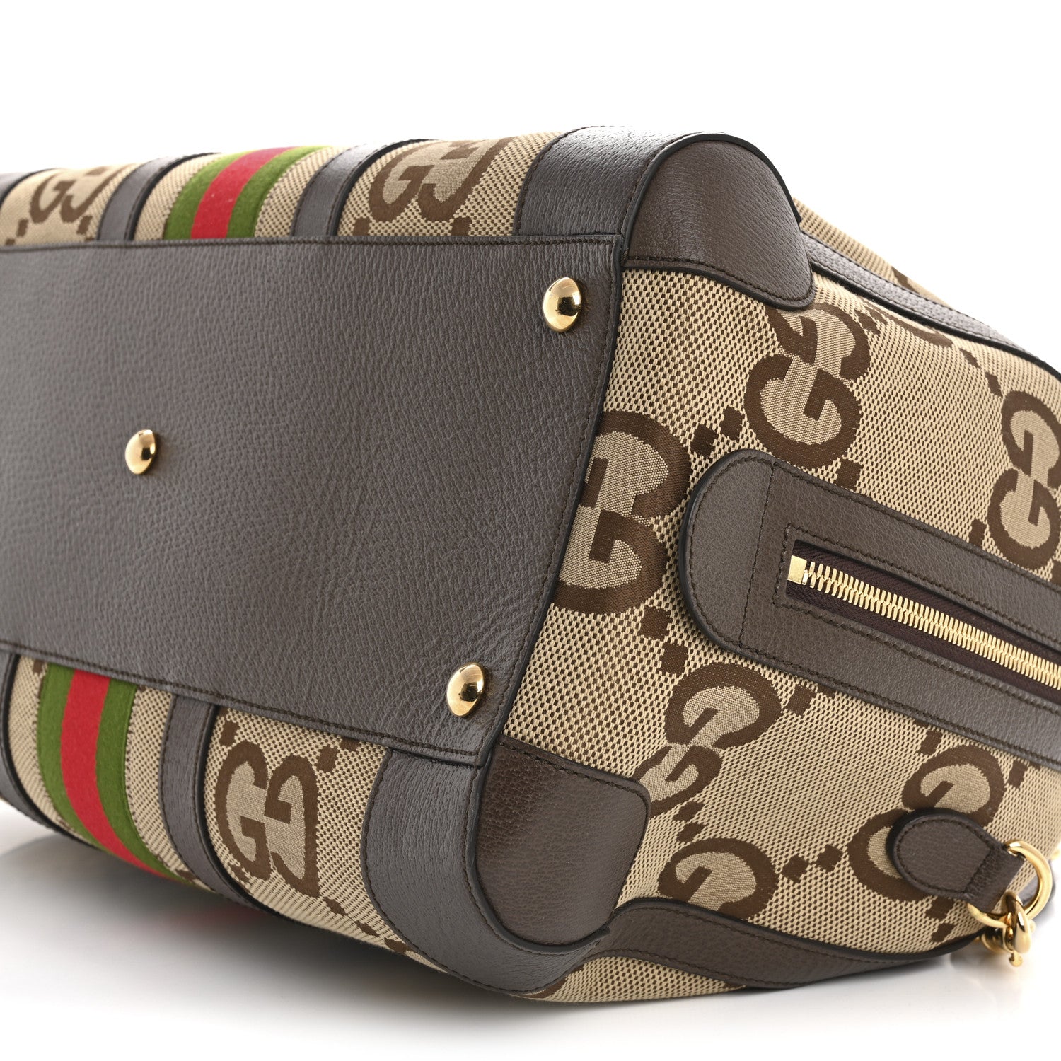 Gucci Monogram Jumbo GG Textured Dollar Calfskin Web Medium Duffle Bag Camel Ebony 9 of 9