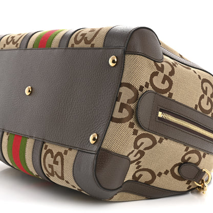 Gucci Monogram Jumbo GG Textured Dollar Calfskin Web Medium Duffle Bag Camel Ebony 9 of 9