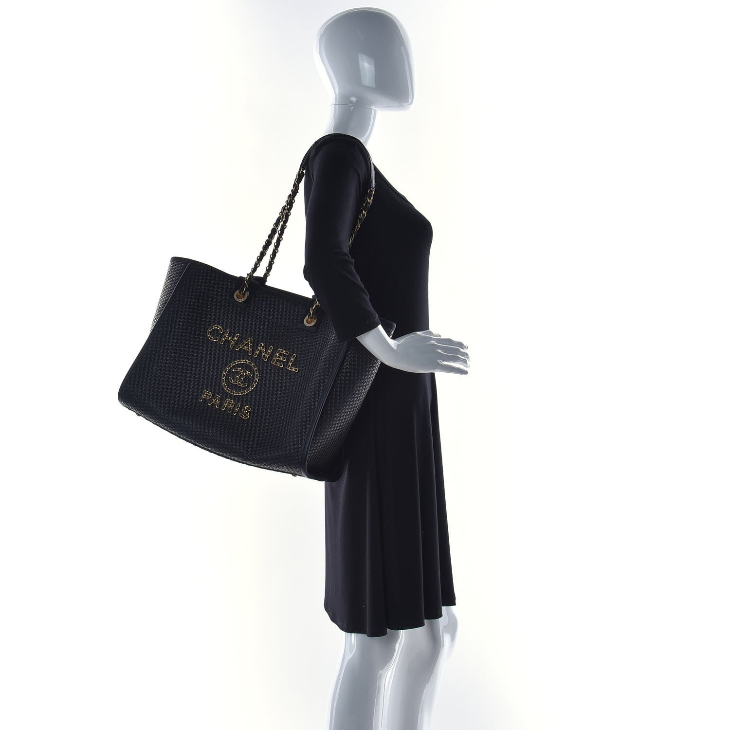 Chanel Straw Raffia Calfskin Chain Medium Deauville Tote Black 2 of 15