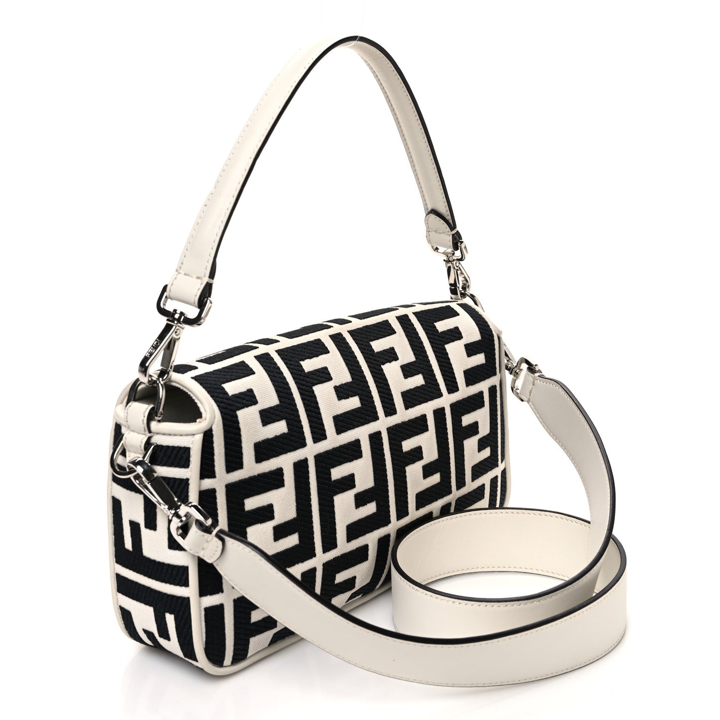 Canvas Vitello King FF Embroidered Baguette White Black