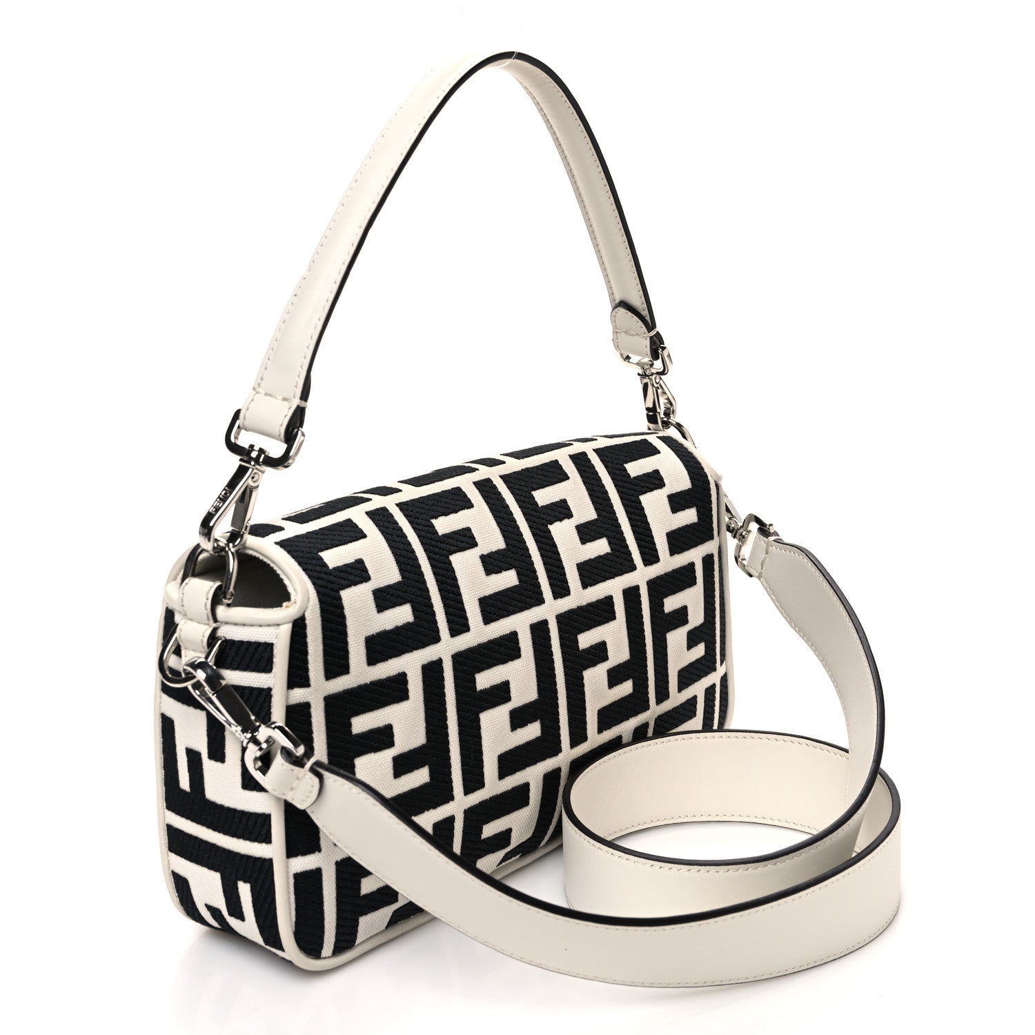 Fendi Canvas Vitello King FF Embroidered Baguette White Black 3 of 11